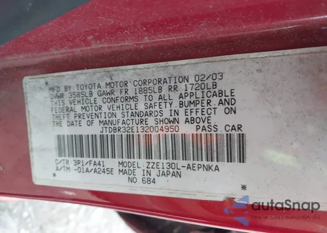 2003 Toyota Corolla Le из США, поврежденный, VIN JTDBR32E132004950